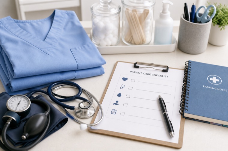 A medical assistant checking a patient's blood pressure in a clinic