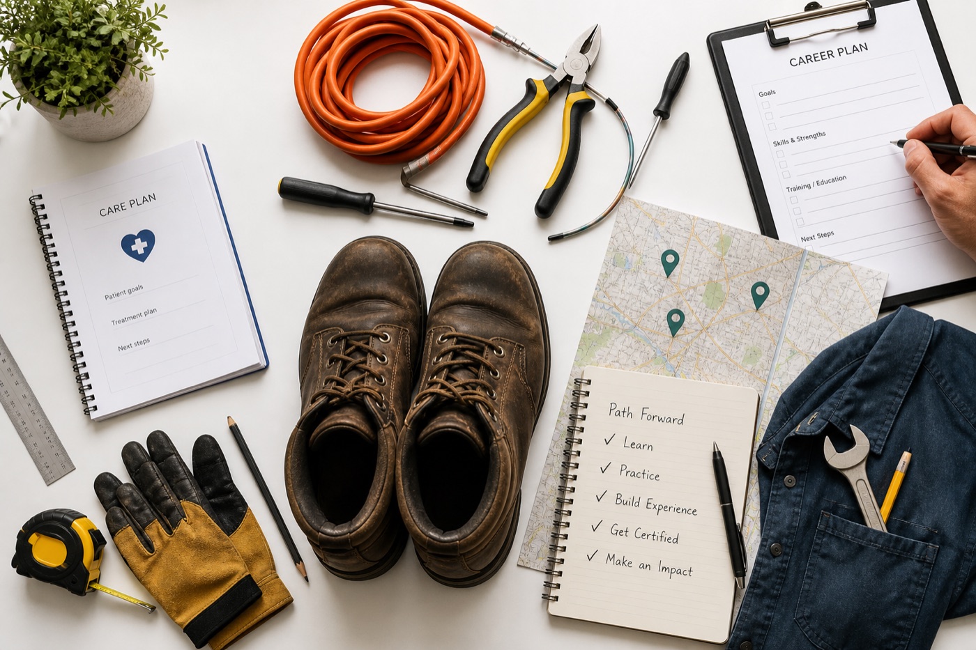 Work boots, tools, a map, and career planning notes